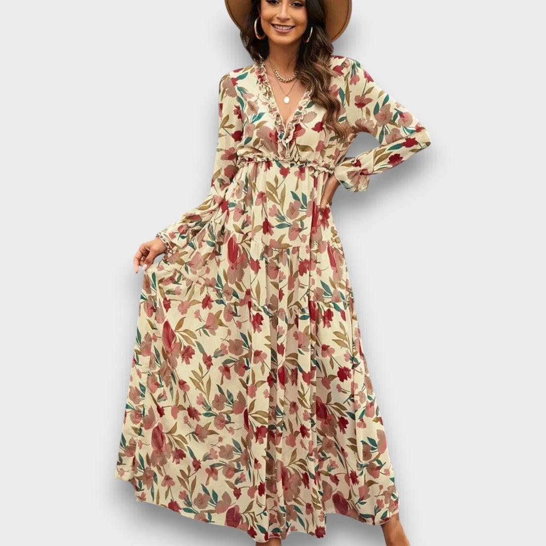 BRÍGIDA - VESTIDO LONGO FLORAL COM TECIDO DELICADO