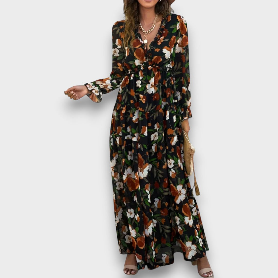 BRÍGIDA - VESTIDO LONGO FLORAL COM TECIDO DELICADO