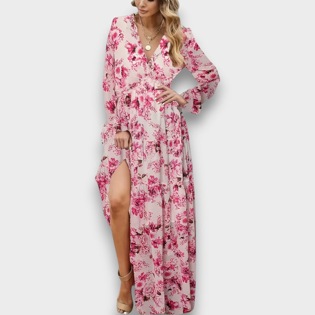 BRÍGIDA - VESTIDO LONGO FLORAL COM TECIDO DELICADO