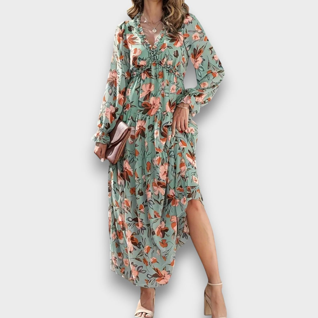 BRÍGIDA - VESTIDO LONGO FLORAL COM TECIDO DELICADO