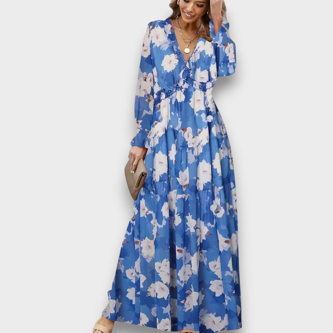 BRÍGIDA - VESTIDO LONGO FLORAL COM TECIDO DELICADO