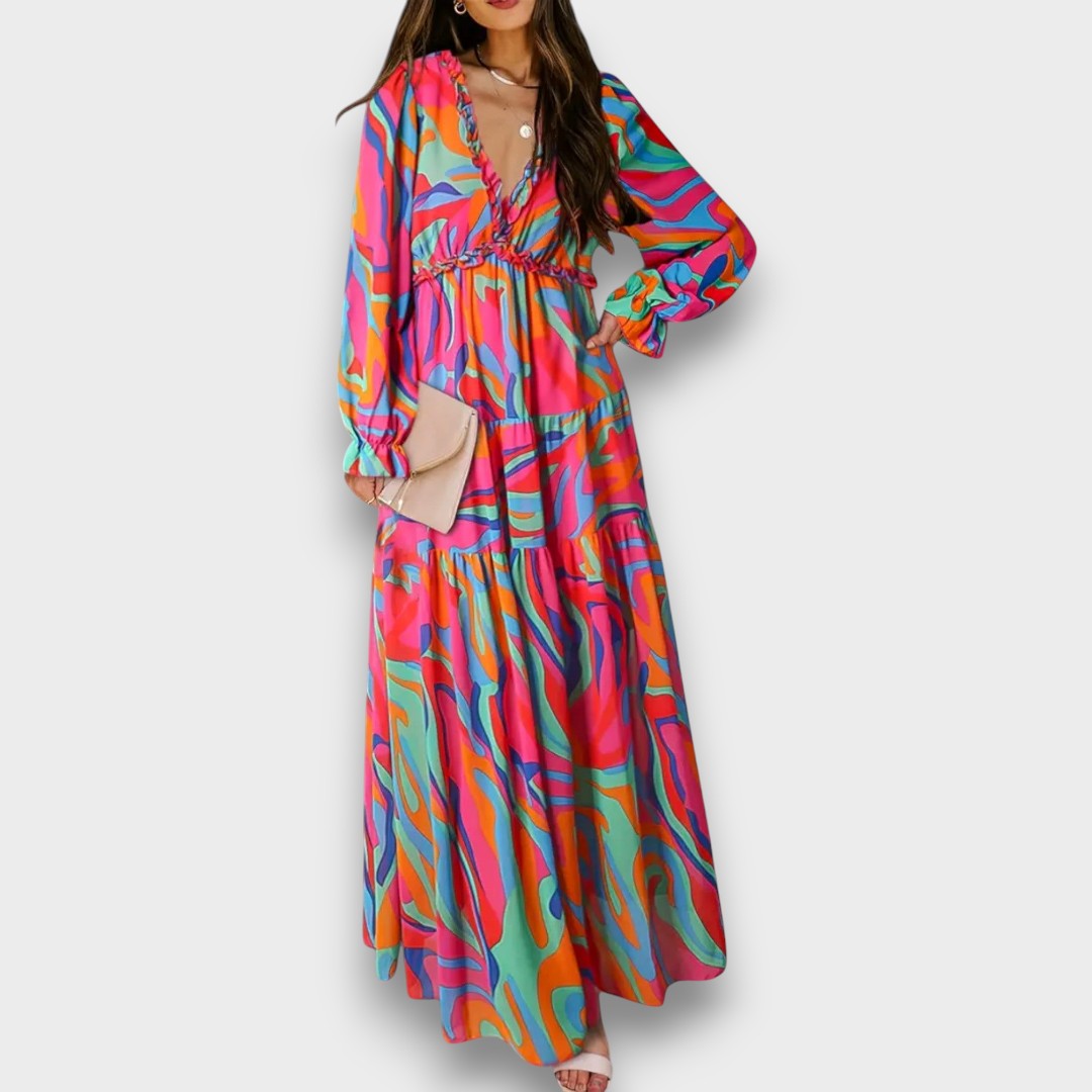 BRÍGIDA - VESTIDO LONGO FLORAL COM TECIDO DELICADO