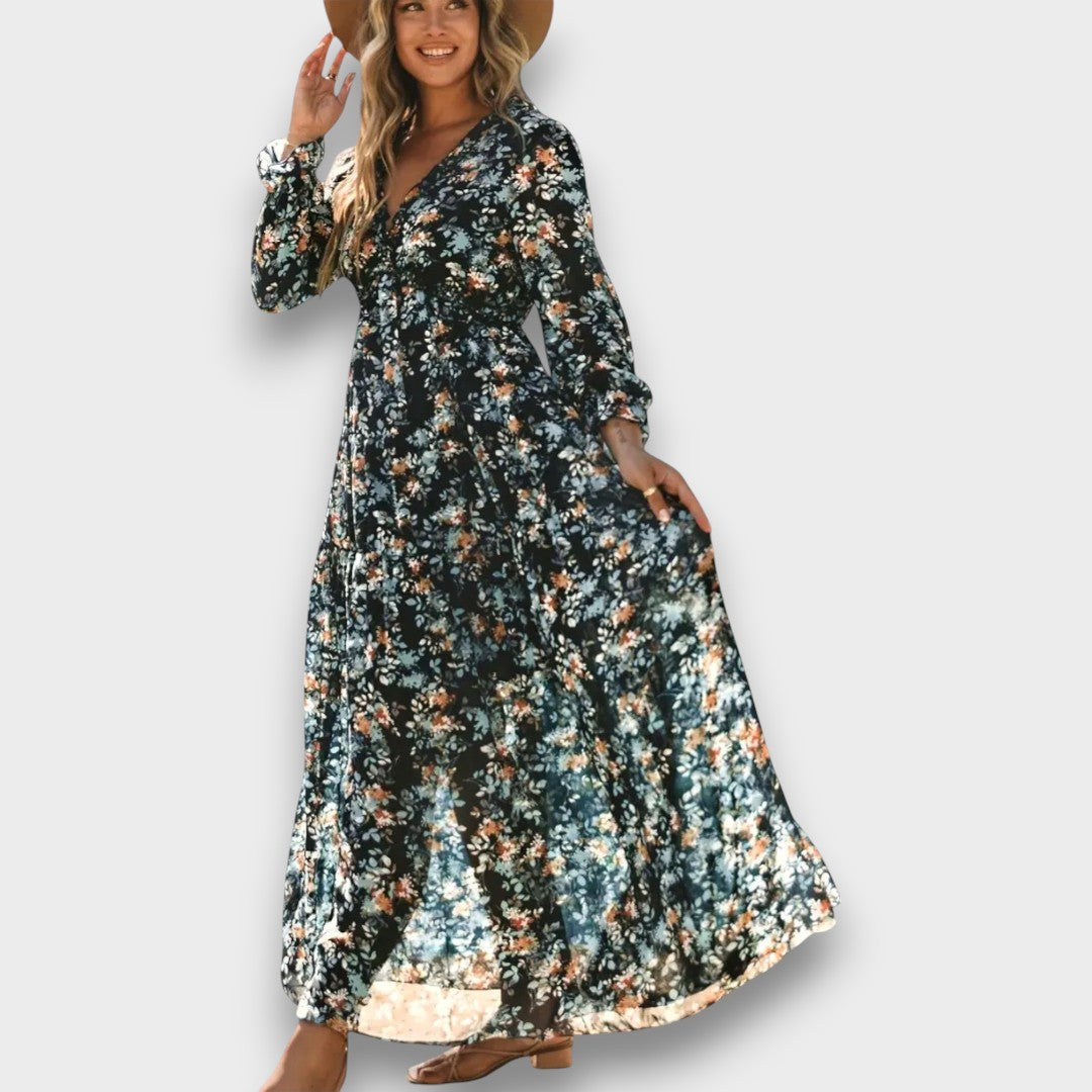 BRÍGIDA - VESTIDO LONGO FLORAL COM TECIDO DELICADO
