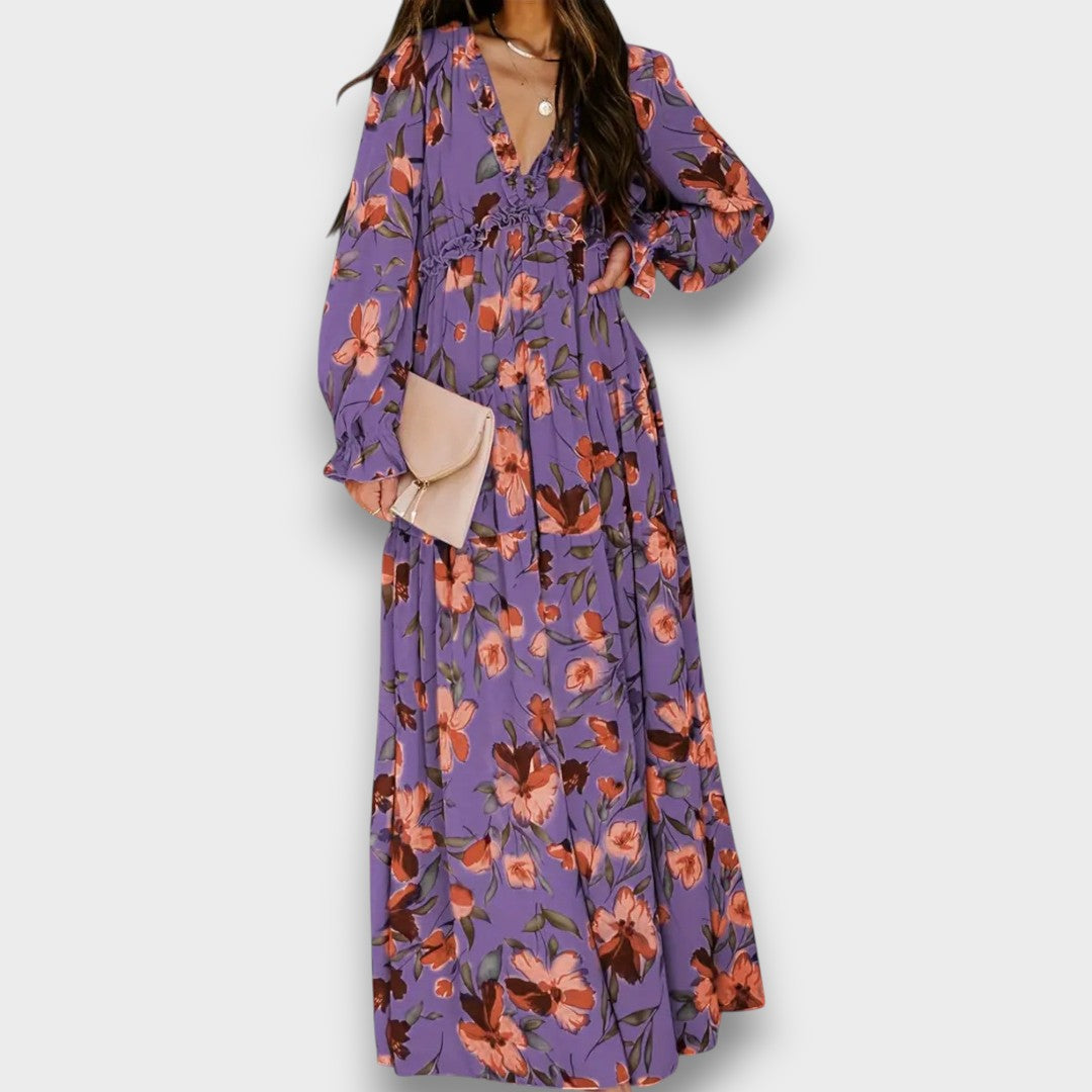 BRÍGIDA - VESTIDO LONGO FLORAL COM TECIDO DELICADO