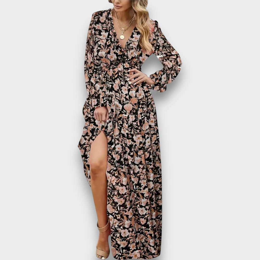 BRÍGIDA - VESTIDO LONGO FLORAL COM TECIDO DELICADO