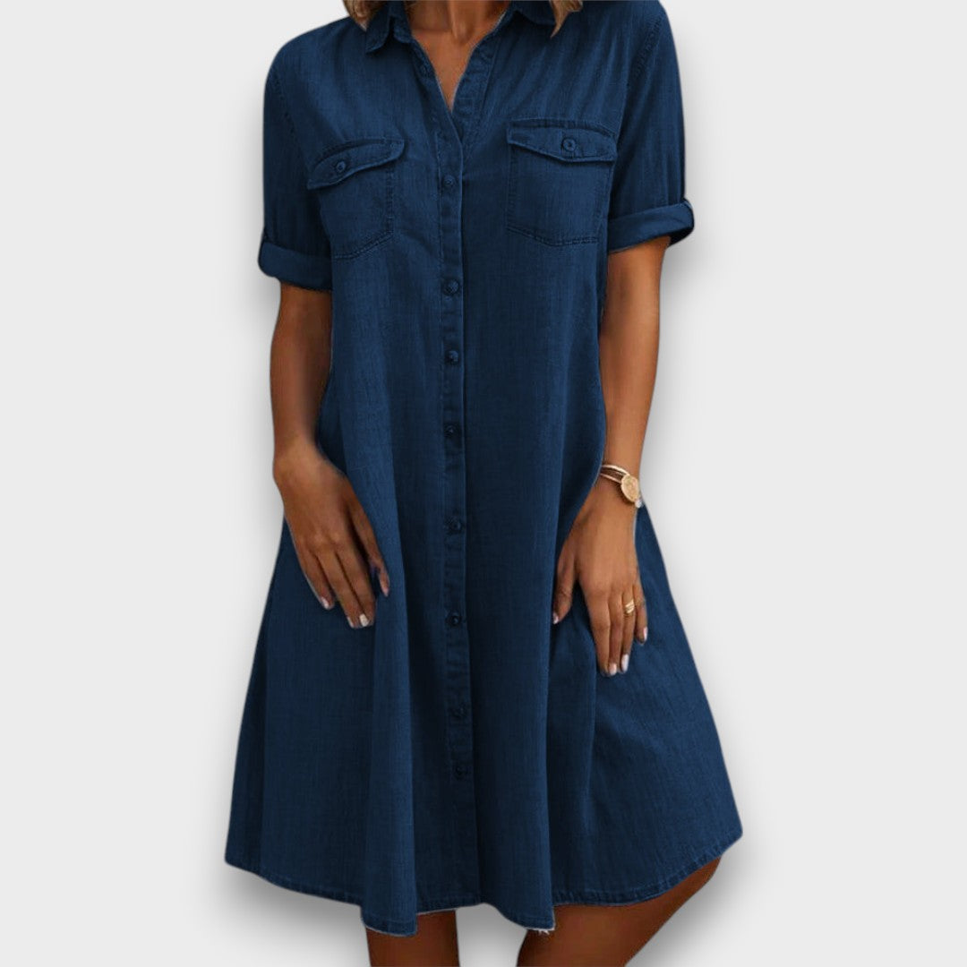 CELESTE – VESTIDO ESTILOSO DE GANGA SOLTO ABOTOADO