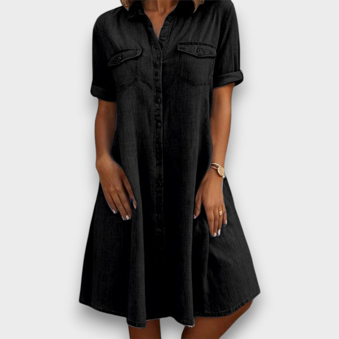 CELESTE – VESTIDO ESTILOSO DE GANGA SOLTO ABOTOADO