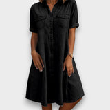 CELESTE – VESTIDO ESTILOSO DE GANGA SOLTO ABOTOADO