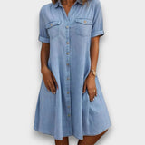 CELESTE – VESTIDO ESTILOSO DE GANGA SOLTO ABOTOADO